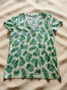 J. Crew White V-Neck Tee with Green Tropical Leaf Print